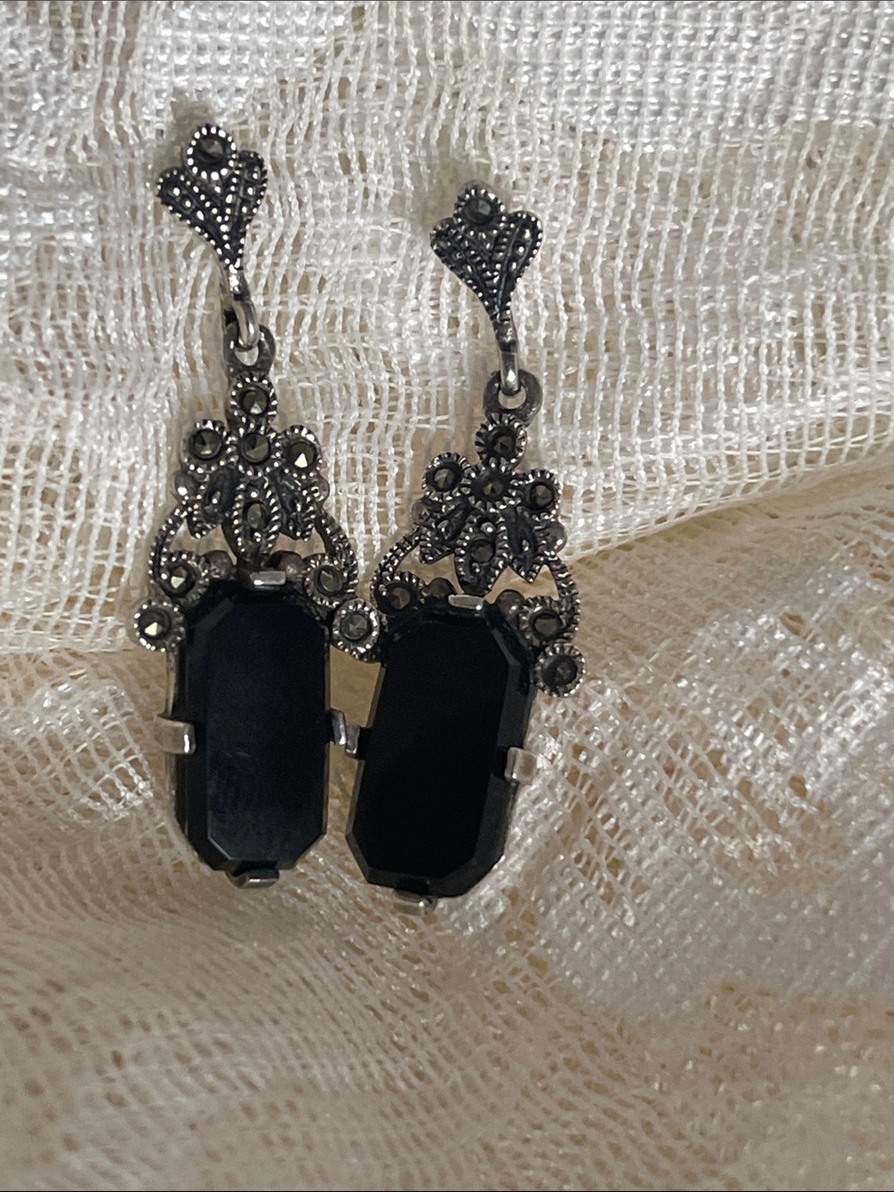 Vintage Black Onyx Drop Earrings in Sterling Silver